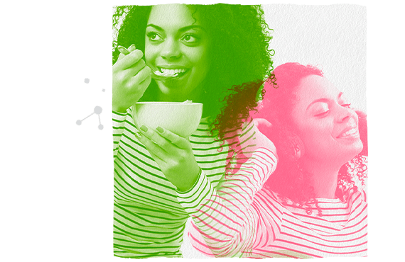 Double exposure image of young woman eating cereal and woman listening to music