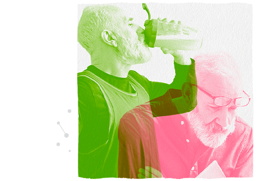 Double exposure image of a man suffering from IBS and a man drinking protein shake