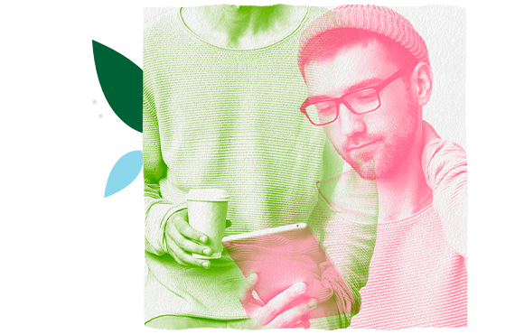 Double exposure image of a man reading an e-book and a man holding a coffee