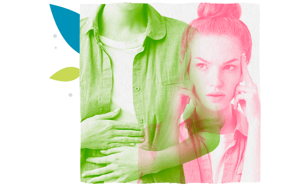 Double exposure image of young woman holding her stomach and woman indicating headache