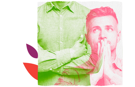 Double exposure image of a man looking up and putting his hands together